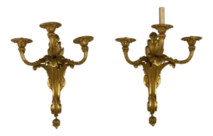 Large 1900's Caldwell Gilt Bronze Sconces With 3 Lights - Pair