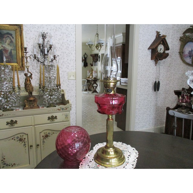 Beautiful Antique Brass Column Tall Oil Lamp Cranberry Glass Shade & Font Double Burner 29" Tall For Sale - Image 9 of 13