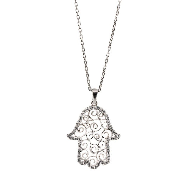Spiral Design Hamsa Sterling Silver & Diamond Necklace For Sale - Image 9 of 9