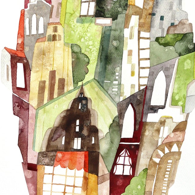 Abstract Central Park View - Architectural Colorful Watercolor Painting on Paper by Maria C. Bernhardsson For Sale - Image 3 of 6