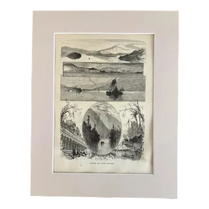 Antique 1874 Wood Engraving, "Scenes on Lake George" NY in Frame-Ready 11x14 Mat