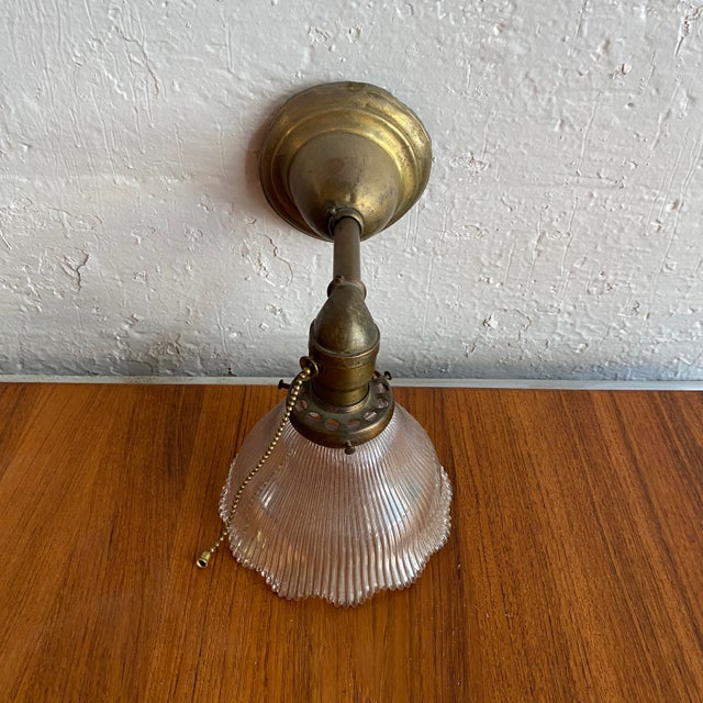 Early 20th Century Antique Industrial Brass Wall Sconce With Holophane Glass Shade For Sale - Image 5 of 13