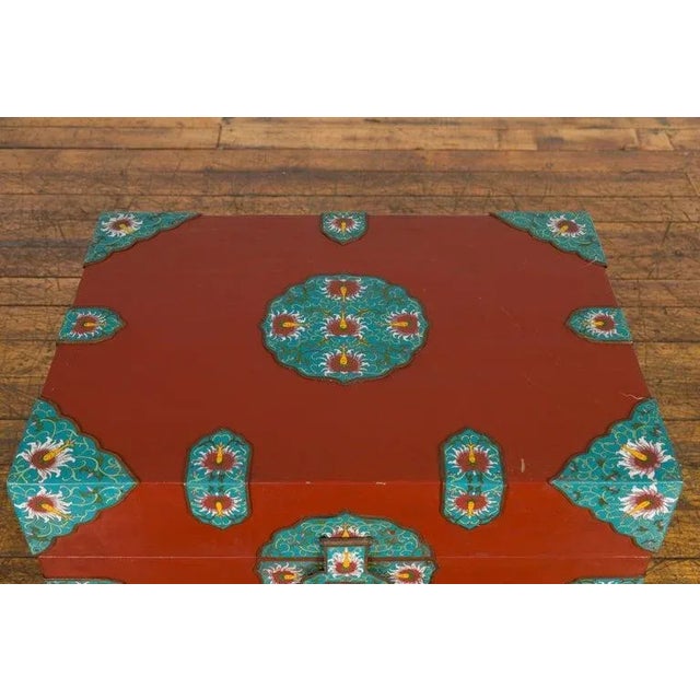 Vintage Chinese Blanket Chest with Red Lacquer & Cloisonné Floral Décor