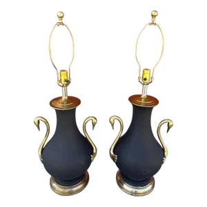 Vintage Brass Swan Urn Table Lamps - a Pair