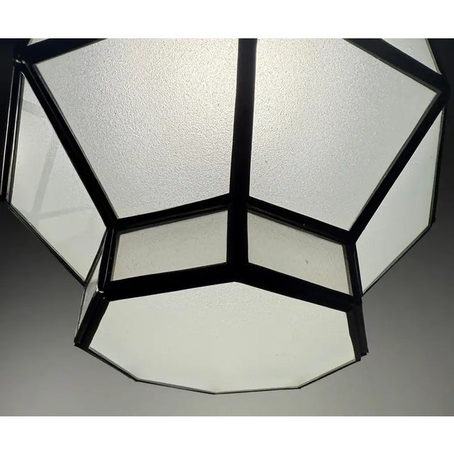1990s Art Deco Style Frosted White Milk Glass & Bronze Octagonal Pendant - a Pair For Sale - Image 12 of 15