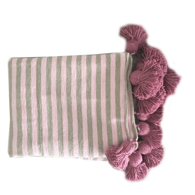 Blush Taupe Pink Pompom Throw For Sale - Image 4 of 4