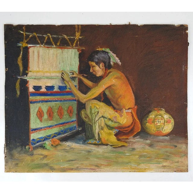 Vintage Painting Native American Weaver For Sale - Image 4 of 5