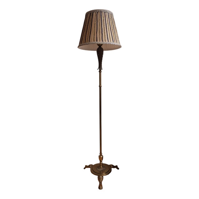 Mid-Century German Floor Lamp with Brass Base and Handmade Fabric Shade from Lamplove, 1950s For Sale