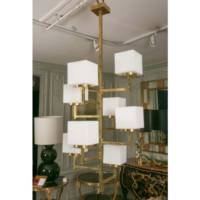 Art Deco Vintage Art Deco Brass Chandelier 8 Light Cubic Shape Milk Glass Shades For Sale - Image 3 of 4