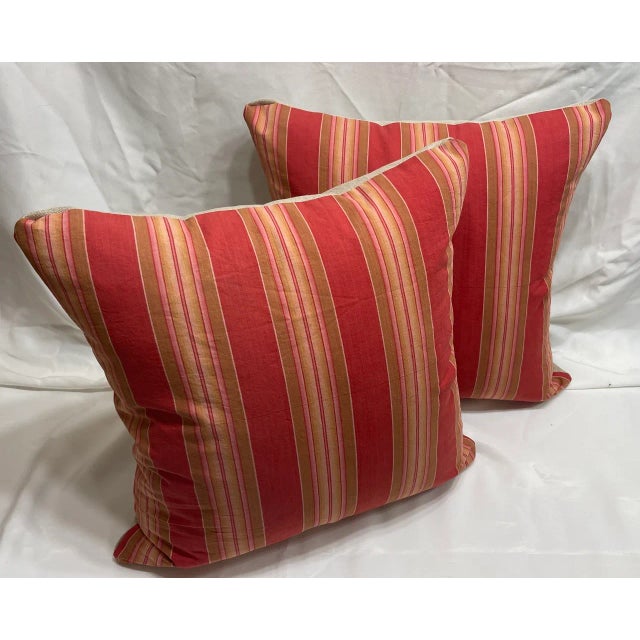 Pair of Pillow Covers made out Vintage French ticking fabric fragment brick red, light brown, yellow and pink with a...