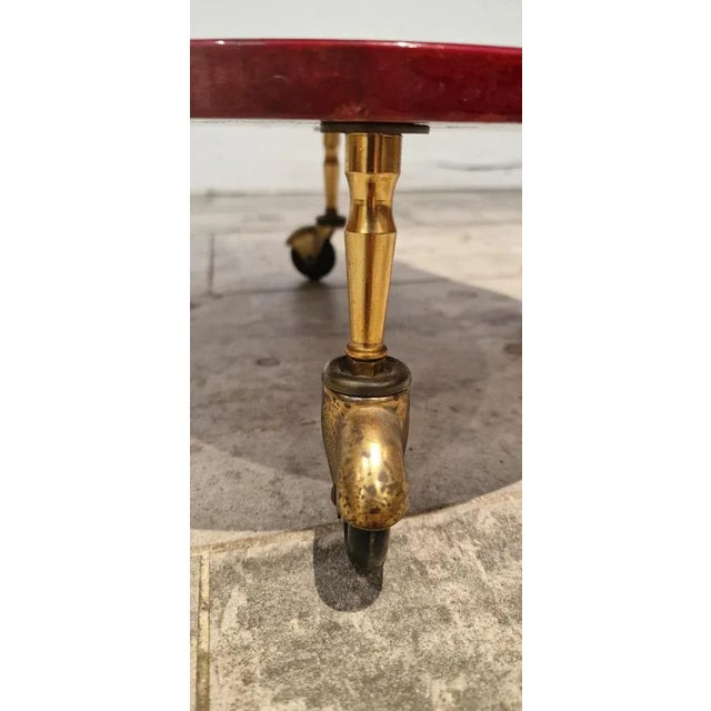 Italian Red Parchment Round Serving Trolley with Brass Details attributed to Aldo Tura, 1970s For Sale - Image 10 of 11