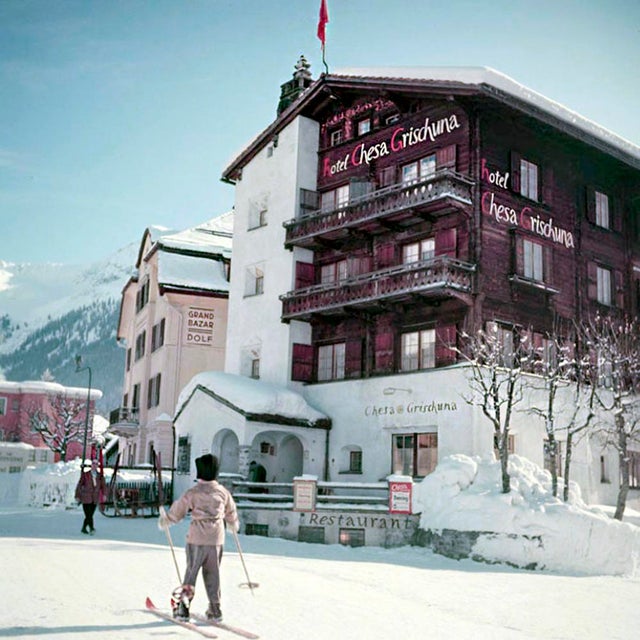 Young Klosters Skier by Toni Frissell A child skis through the streets of Klosters, Switzerland, 1954. (Photo by Toni...