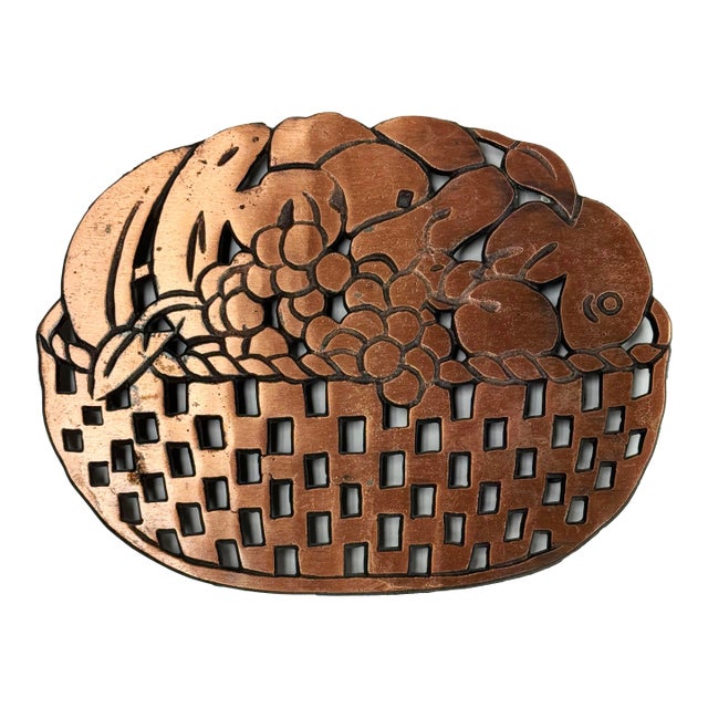 Vintage Fruit Basket Motif Copper Trivet For Sale