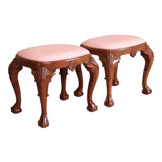 Baker Furniture Historic Charleston Chippendale Carved Mahogany Stools or Ottomans, Pair For Sale