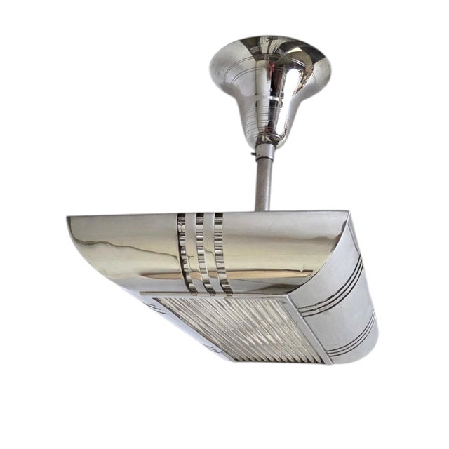 Mid 20th Century French Modernist Art Deco Billiard Chandelier Highly Polished Nickel & GlassRods For Sale - Image 10 of 18