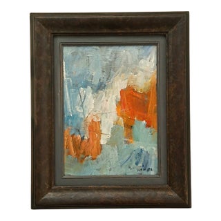 1986 Signed Abstract Painting in Blue and Orange With Solid Wood Frame For Sale