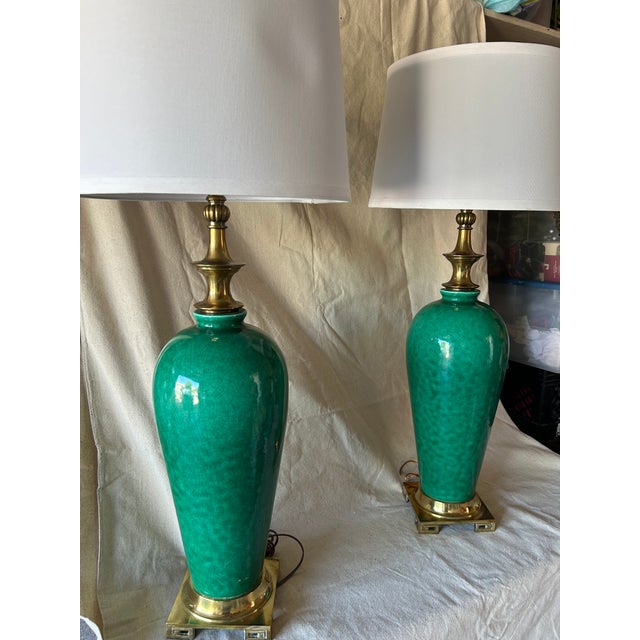 Traditional Vintage Pair Green Crackle Glaze Lamps With Brass Base For Sale - Image 3 of 3