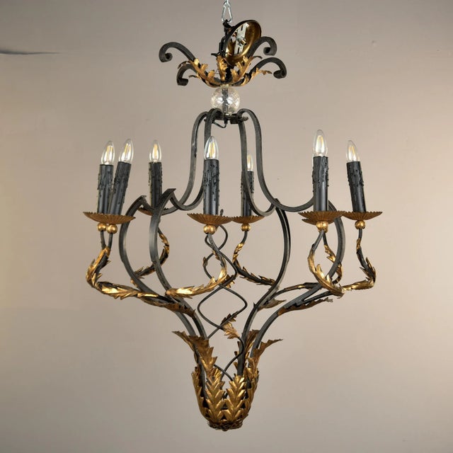 Black Vintage Italian Black and Gilt Tole Eight Light Chandelier For Sale - Image 8 of 12