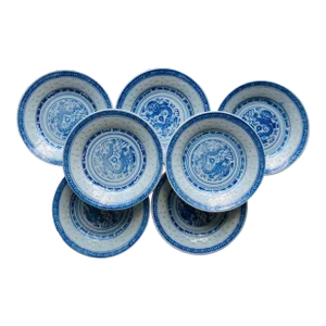 Vintage Tienshan Chinese Blue & White Rice Grain Porcelain "Fierce Dragon" Plates- Set of 7