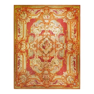 1850s Antique Aubusson French Large Wool Flat Weave Coral Rug For Sale