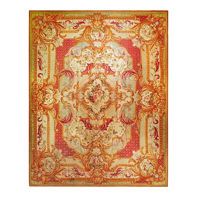 1850s Antique Aubusson French Large Wool Flat Weave Coral Rug For Sale