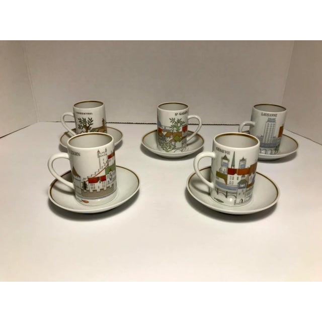Vintage 1970's Set of 5 Collectible Swiss Langenthal Espresso Coffee Cups with Saucers 5 cities: 1. Lausanne 2. Geneve 3....