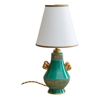 1950s French Green Ceramic Table Lamp with Gilt Accents For Sale