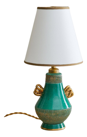 1950s French Green Ceramic Table Lamp with Gilt Accents