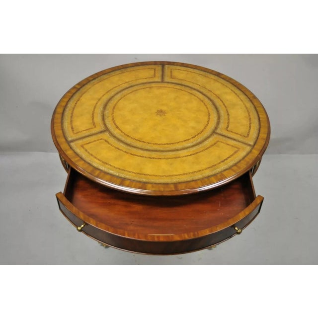 Traditional Maitland Smith French Empire Regency Leather Top Brass Feet Center Drum Table For Sale - Image 3 of 12