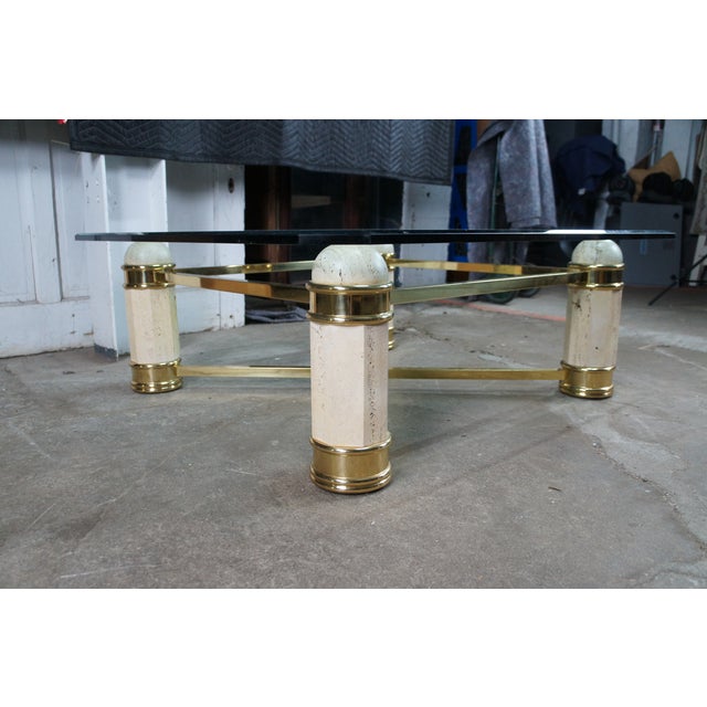 Vintage Italian Regency Travertine Stone Brass & Glass Coffee Cocktail Table 44" For Sale - Image 11 of 12