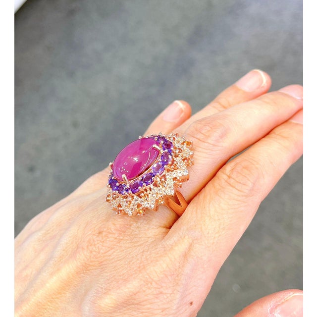 Bochic “Orient” Ruby, Amethyst & Multi Gem Cocktail Ring In 18K Gold & Silver, Size 5 For Sale - Image 4 of 12