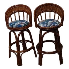 1990s Wicker Bamboo Counter Stool Swivel Set of 2 For Sale