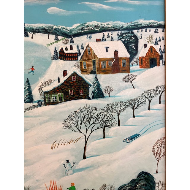 Large Vintage Winter Folk Painting by Stan Well For Sale - Image 9 of 13