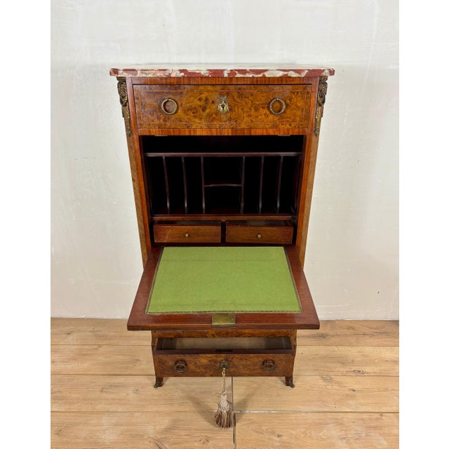 French Louis XVI Style Burl Wood Secretary Chest with Marble Top, 1930s For Sale - Image 6 of 15