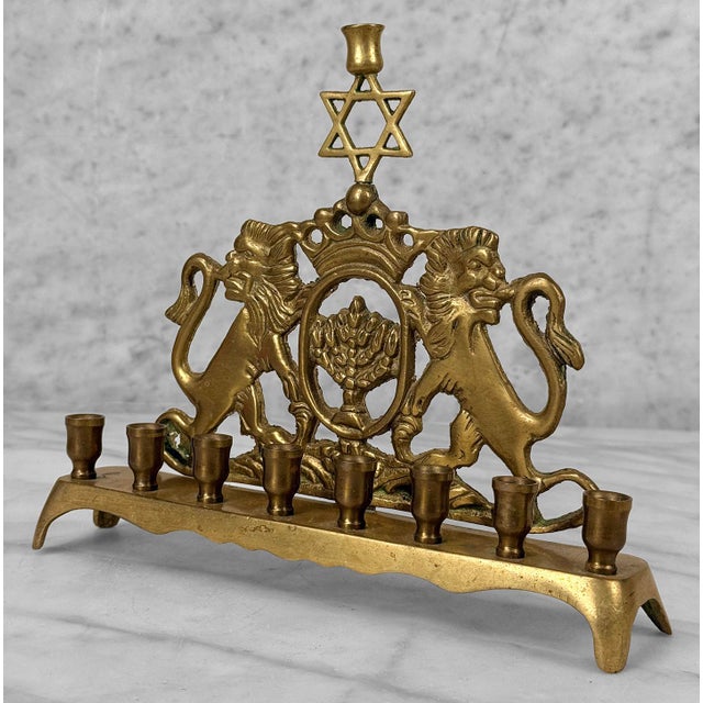 Traditional Share Vintage Traditional Brass Lions of Judah Hanukkah Menorah For Sale - Image 3 of 8