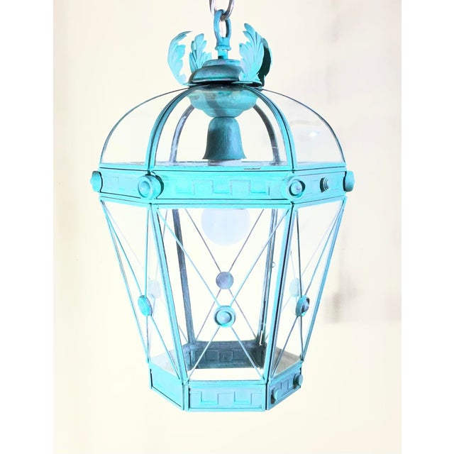 1970s Vintage Style Solid Brass Verdigris Hanging Lantern - Restored & Rewired For Sale - Image 5 of 13