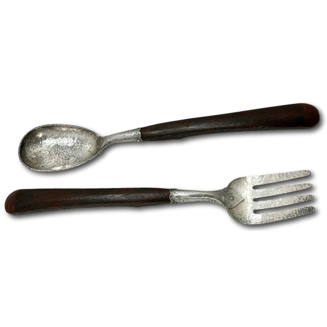 Silver Antique Early 1900s American Arts & Crafts Handmade - Hand Wrought Sterling Silver Oak Handle Salad Serving Set For Sale - Image 8 of 12