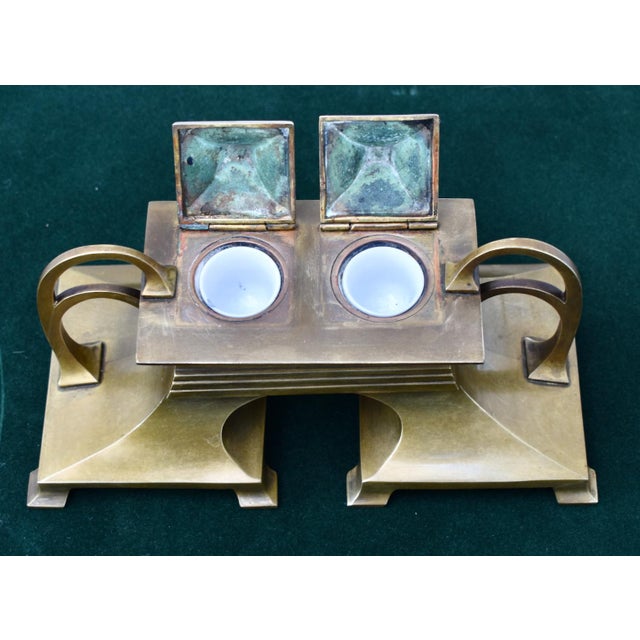 Antique Art Nouveau Bronze Dbl. Inkwell and Porcelain Inserts For Sale - Image 16 of 16