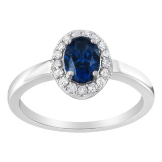 10K White Gold 1/5 Cttw Round Diamond and Prong Set 7MM Created Blue Sapphire Halo Cocktail Ring (H-I Color, I1-I2 Clarity) - Size 7 For Sale