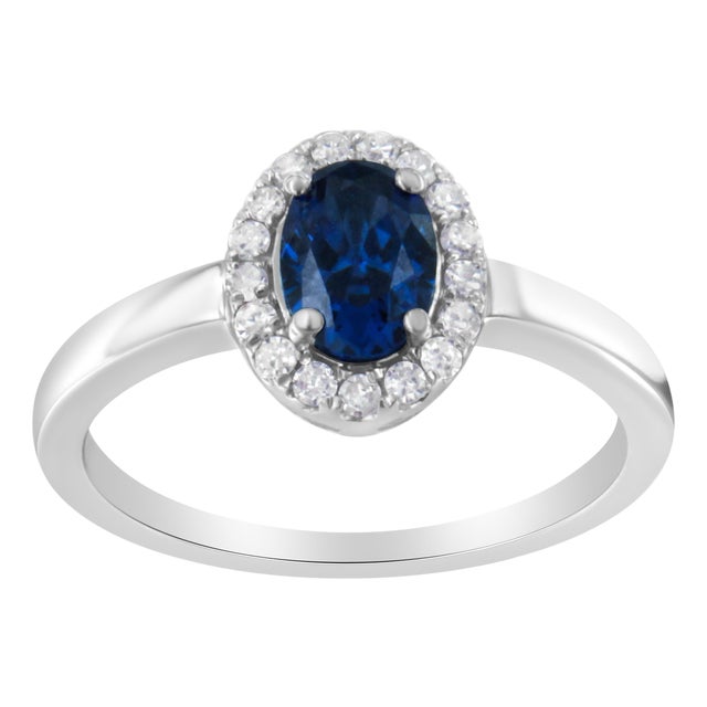 10K White Gold 1/5 Cttw Round Diamond and Prong Set 7MM Created Blue Sapphire Halo Cocktail Ring (H-I Color, I1-I2 Clarity) - Size 7 For Sale