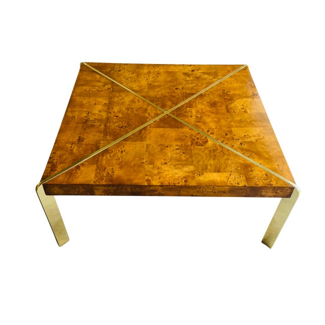 Vintage 1970s Burl Wood & Brass Coffee Table | Hollywood Regency Milo Baughman Style | Parquet Burl Cocktail Table For Sale - Image 10 of 16