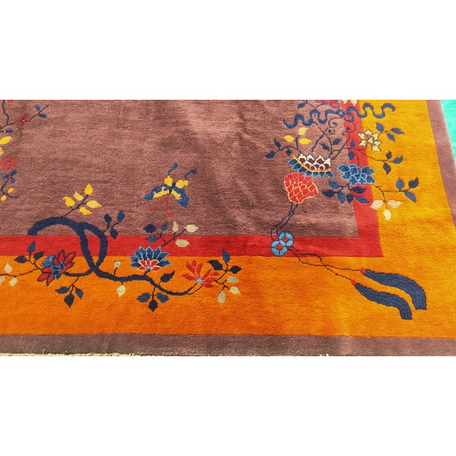 Early 20th Century 1920s Tan Taupe Floral Modern Antique Chinese Art Deco Rug 8'2" X 9'9" Handknotted Wool Carpet For Sale - Image 5 of 6