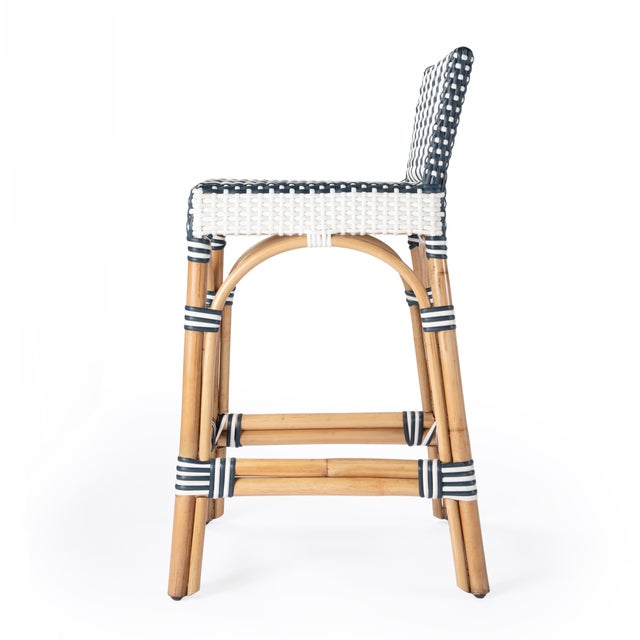 Wood Serienna 24.5 in. Seat Height Rectangular Rattan Low Back Counter Stool, White/Navy Stripe/ Natural Rattan Frame For Sale - Image 7 of 11