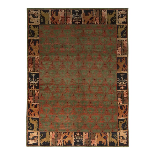 European Style Rug, Green, Red and Blue, Floral, Pictorial Border by Rug & Kilim For Sale