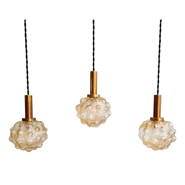 Amber Bubble Glass Pendant Light by Helena Tynell for Glashütte Limburg, 1970s, Set of 3 For Sale
