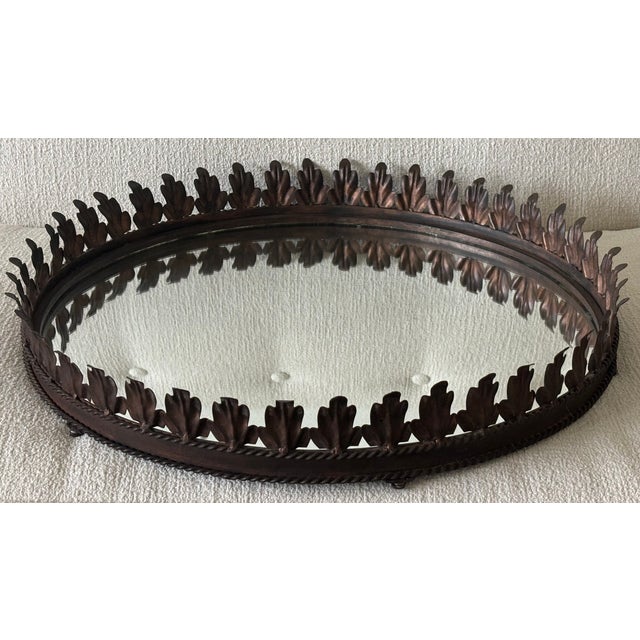 Large Vintage Italian Tole Acanthus Leaf Round Mirrored Tray / Round Mirrored Cocktail Tray For Sale - Image 13 of 17