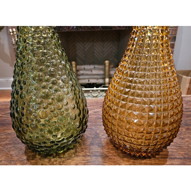 Glass Pair of Vintage Glass Genie Bottles - Amber Diamond and Green Hobnail For Sale - Image 7 of 15