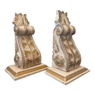 Pair of Mid 20th Century Carved Wood Wall Brackets – Gilded & Distressed Finish For Sale