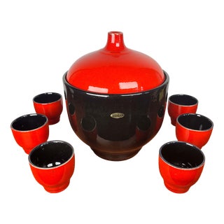 Mid-Century Modern West German Pottery Punch Bowl and Cups from Jasba, 1960s, Set of 7 For Sale