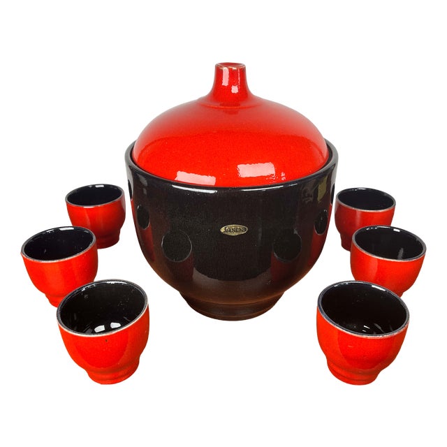 Mid-Century Modern West German Pottery Punch Bowl and Cups from Jasba, 1960s, Set of 7 For Sale